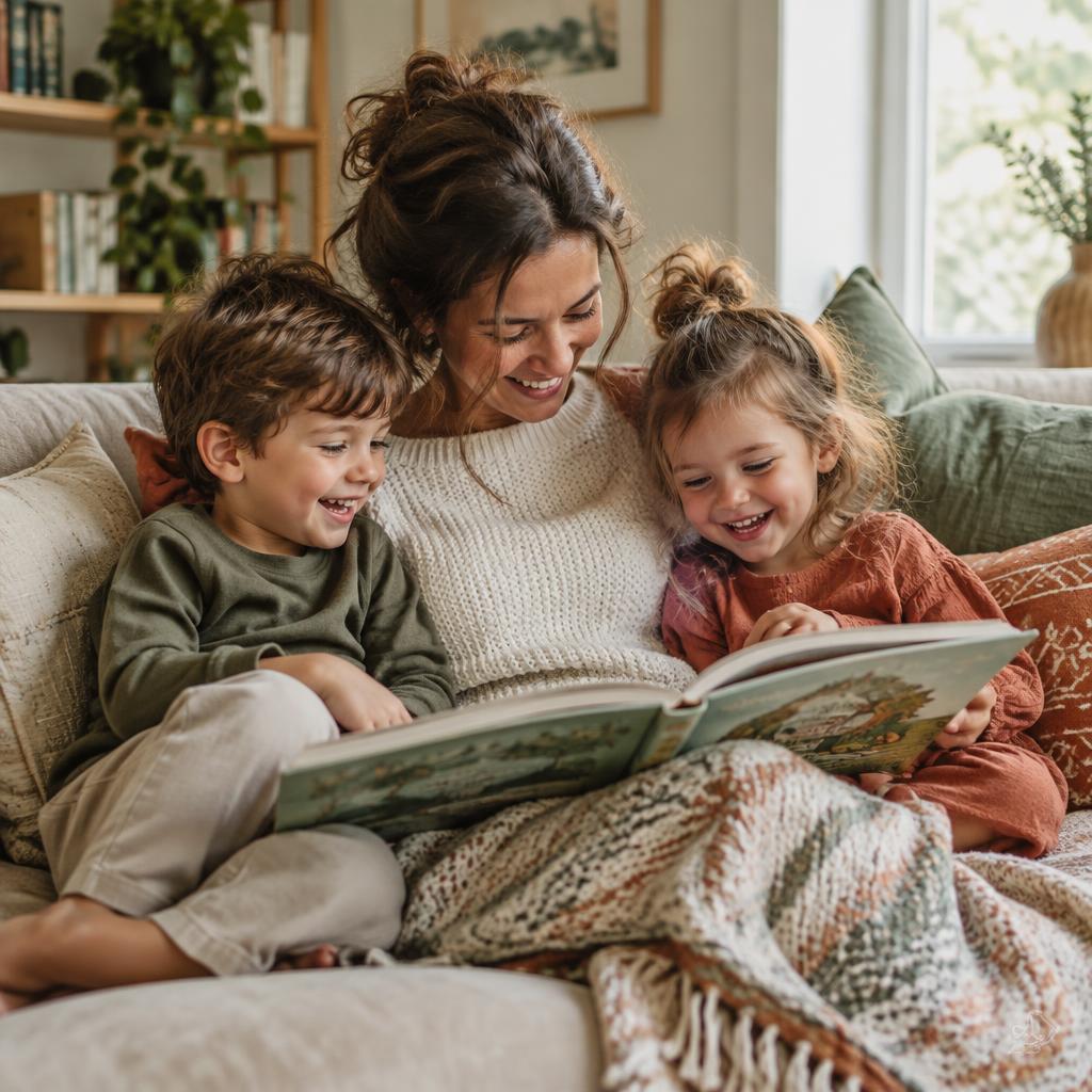 Maman qui lit une histoire à ses enfants sur le divan