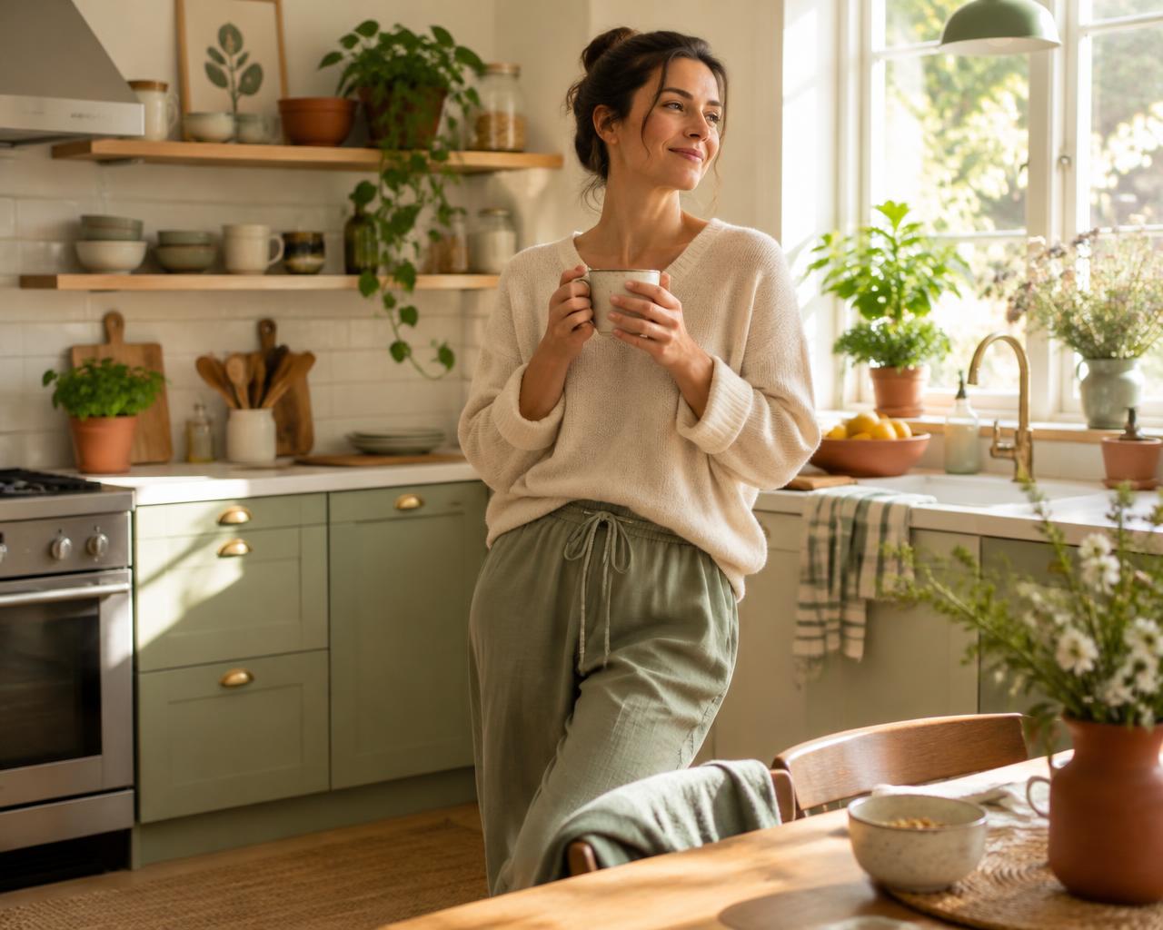 Maman souriante avec sa tasse dans une cuisine lumineuse